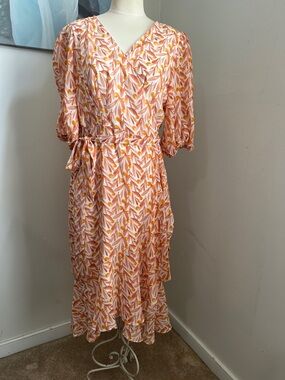 Lucy Paris Peach and Orange Floral Midi Wrap Dress
